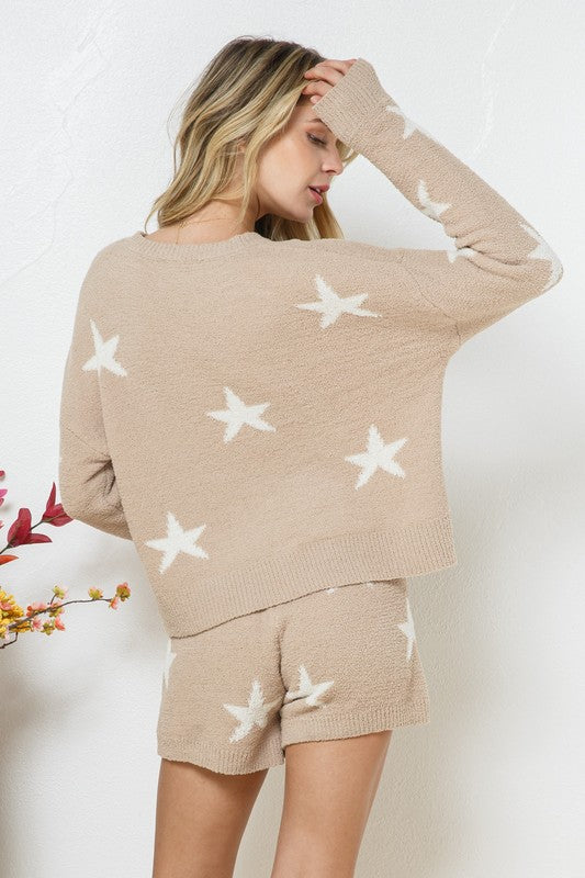 Taupe lounge set with a star print, featuring a long-sleeve round-neck top and drawstring shorts.