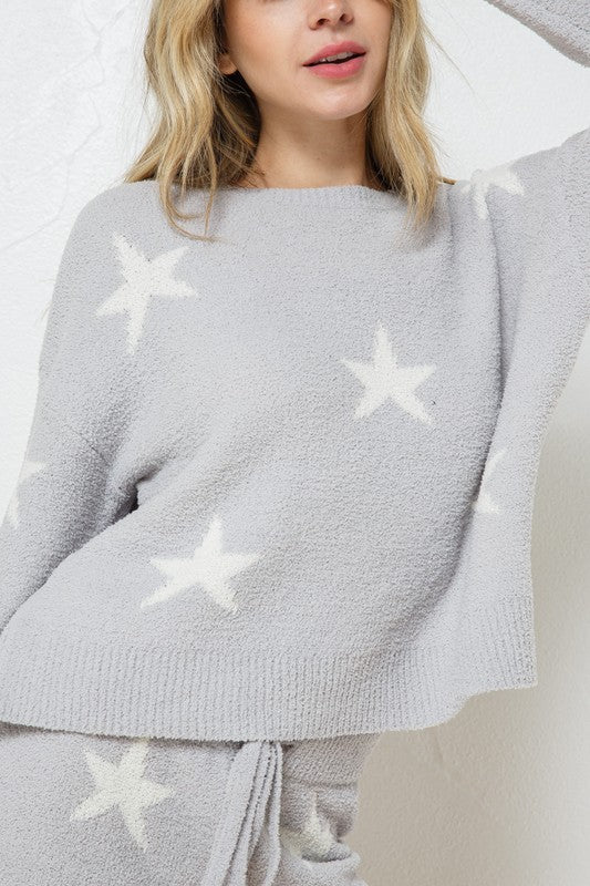 Heather Gray lounge set with a star print, featuring a long-sleeve round-neck top and drawstring shorts.