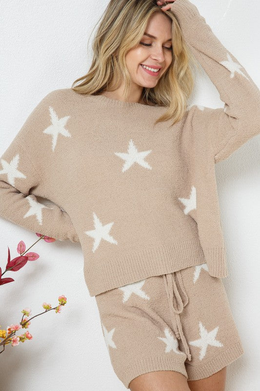 Taupe lounge set with a star print, featuring a long-sleeve round-neck top and drawstring shorts.