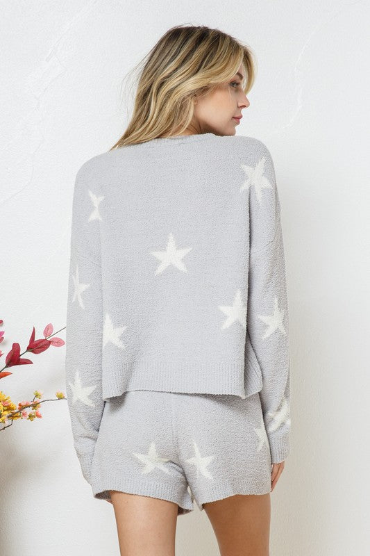 Heather Gray lounge set with a star print, featuring a long-sleeve round-neck top and drawstring shorts.