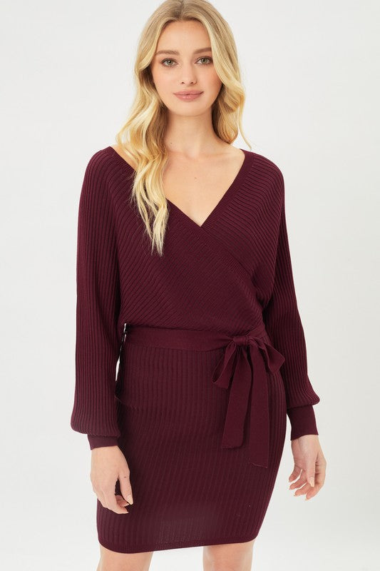 Vega Off Shoulder Wrap Belted Ribbed Knit Dress