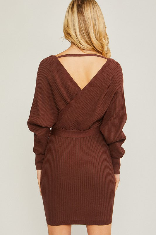 Vega Off Shoulder Wrap Belted Ribbed Knit Dress