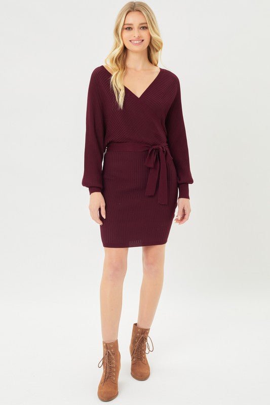 Vega Off Shoulder Wrap Belted Ribbed Knit Dress