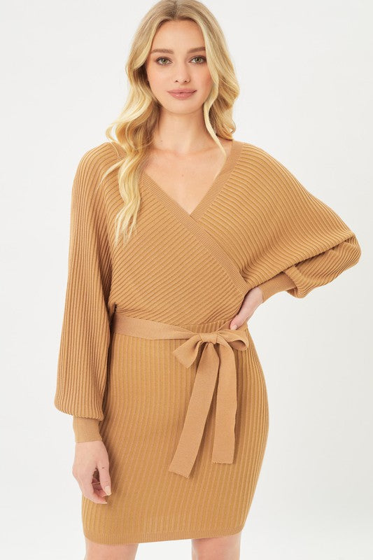 Vega Off Shoulder Wrap Belted Ribbed Knit Dress