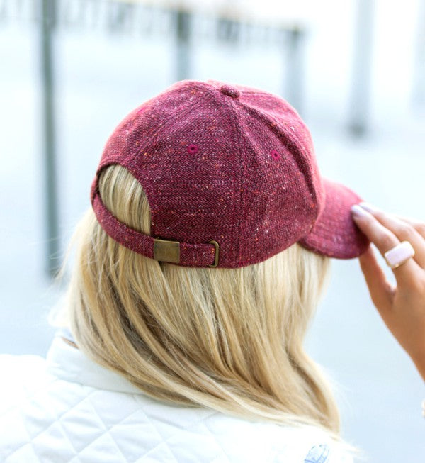 Faryn Fall Tweed Ball Cap in Cranberry, back view showing antique bronze adjustable clasp and structured crown.