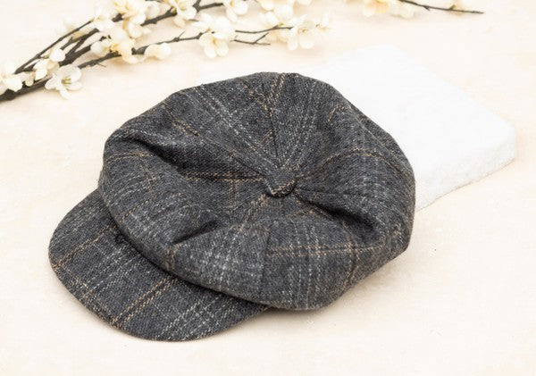 Kitt Plaid Newsboy Cap in Gray, vintage plaid tweed with classic newsboy style