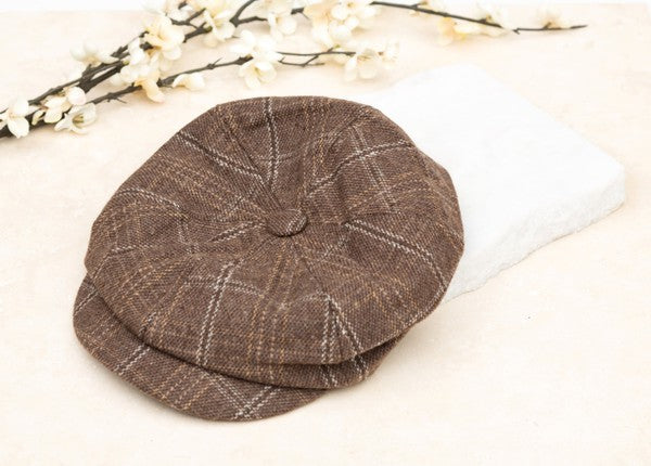 Kitt Plaid Newsboy Cap in Tan, plaid tweed pattern with adjustable closure