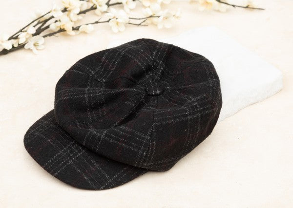 Kitt Plaid Newsboy Cap in Black, plaid tweed material and structured design