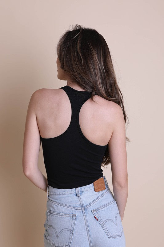 A ribbed racerback brami top in black, sleeveless, cropped, and pullover style.