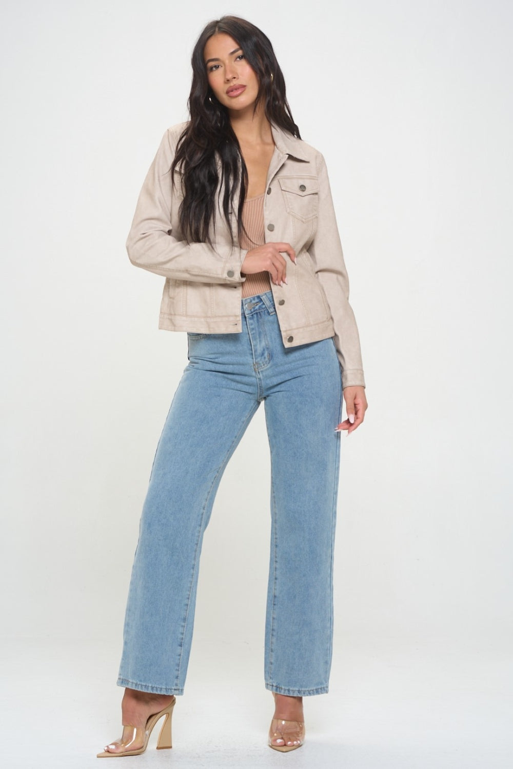 Gwendolyn Button Down Cargo Vegan Leather Shacket In Cream