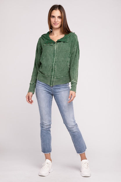 Full-body view of Dark Green Hanna Acid Wash Hooded Jacket styled casually.