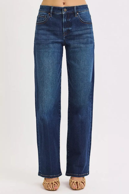 Badu Mid Rise Wide Baggy Jeans Dark Wash flattering wide leg fit.