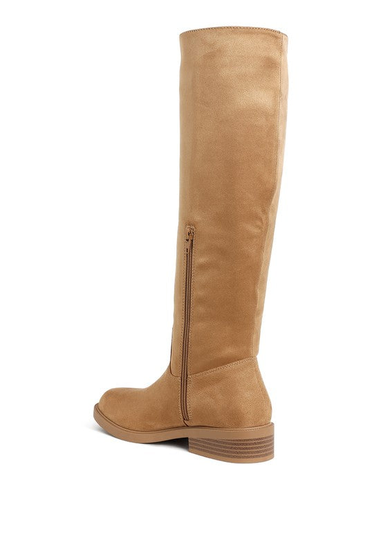 Chiru Round Toe Microfiber Calf Boots taupe back side angle view with zipper