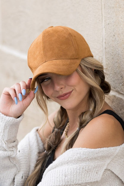 Jaci Suede Boyfriend Ball Cap in Camel, showing relaxed boyfriend fit