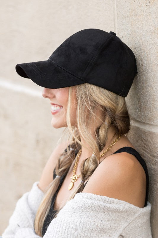 Jaci Suede Boyfriend Ball Cap in Black, structured crown and curved brim