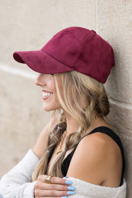 Jaci Suede Boyfriend Ball Cap in Wine, showing rich fall color and curved brim