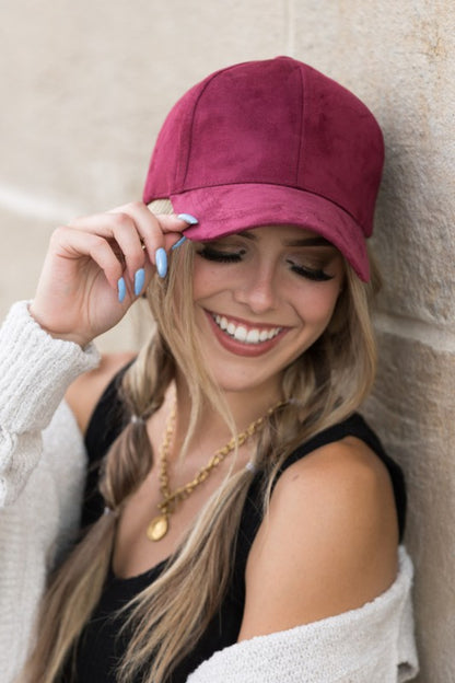Jaci Suede Boyfriend Ball Cap in Wine, front angle with structured crown and suede fabric