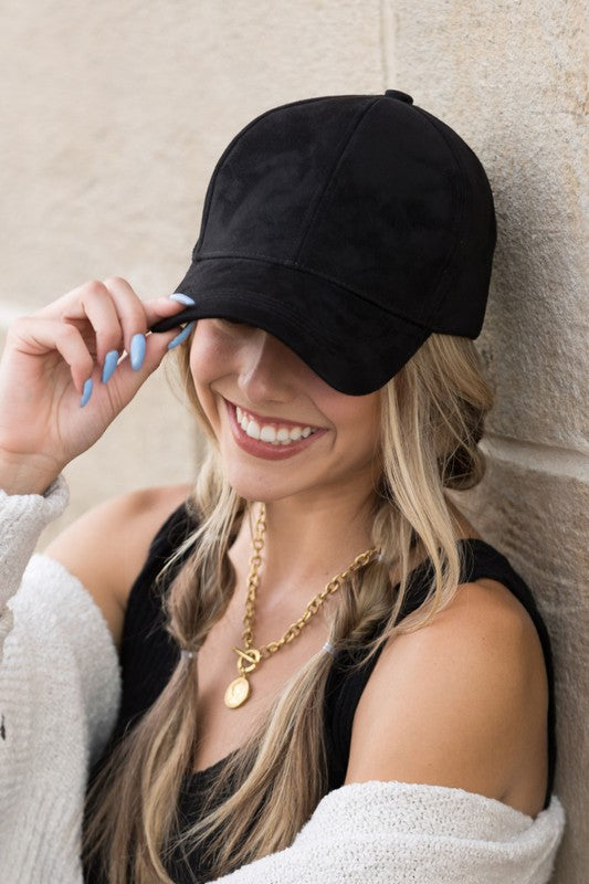 Jaci Suede Boyfriend Ball Cap in Black, front angle with vegan suede texture