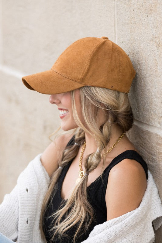 Jaci Suede Boyfriend Ball Cap in Camel, front view with structured crown and soft suede finish