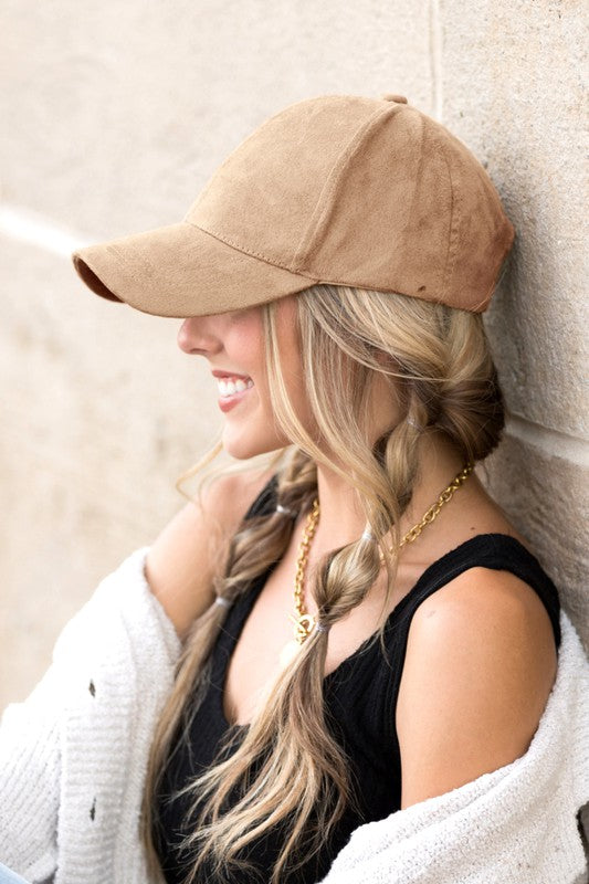 Jaci Suede Boyfriend Ball Cap in Khaki, front view with structured crown and vegan suede finish.