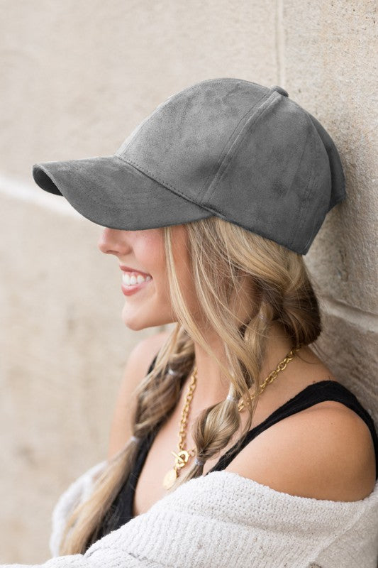 Jaci Suede Boyfriend Ball Cap in Gray, front angle with boyfriend fit and suede finish