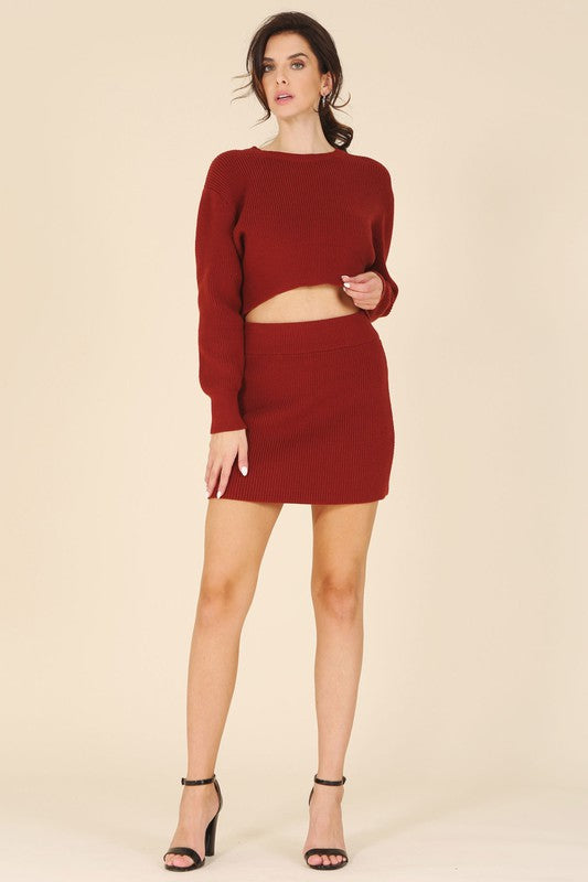 Ribbed knit crop top and mini skirt set in brick, featuring a round neckline, long sleeves, and a high waist skirt for a coordinated, stylish look.