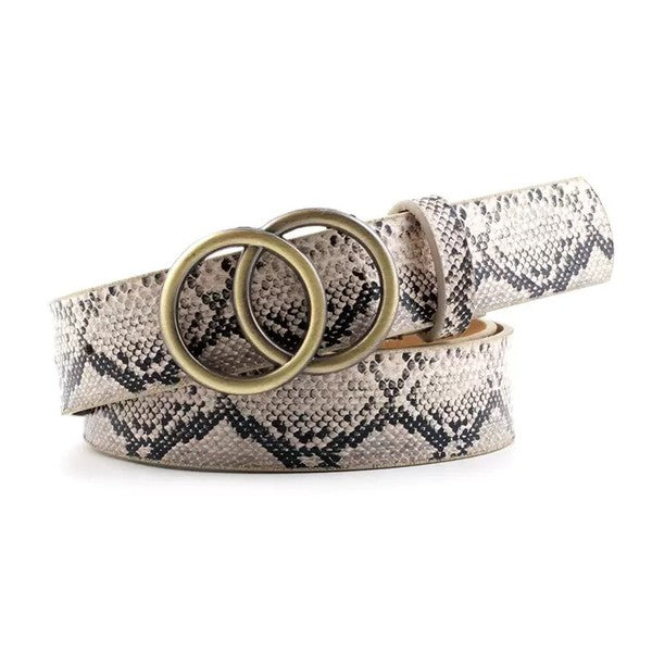 Flat lay of snake Double O-Ring Belt in vegan leather with antique bronze double O-ring buckle.
