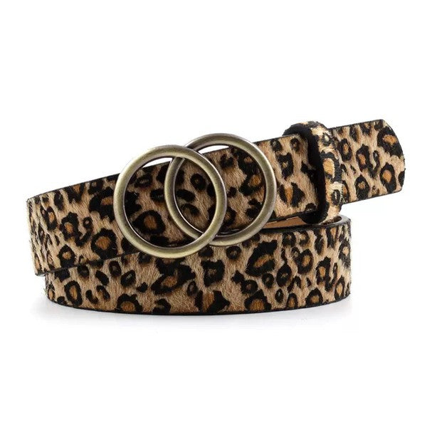 Flat lay of leopard Double O-Ring Belt with antique bronze O-ring detail.