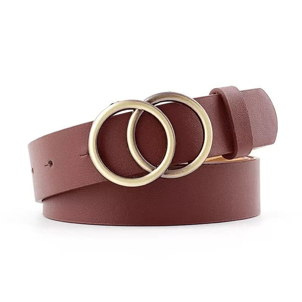 Flat lay of brown Double O-Ring Belt with antique bronze double O-ring buckle.