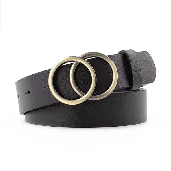 Flat lay of black Double O-Ring Belt with double bronze O-ring buckle.
