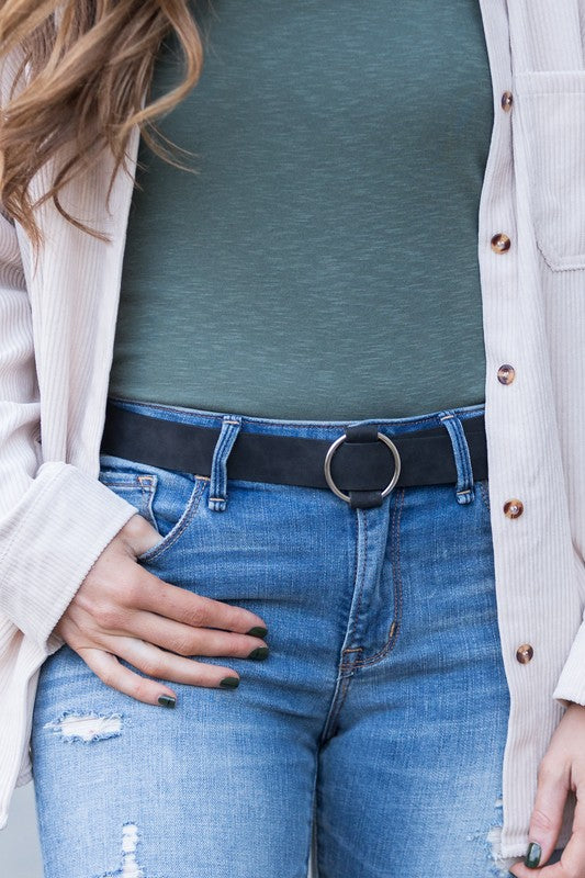 Black vegan leather belt with silver O-ring buckle.