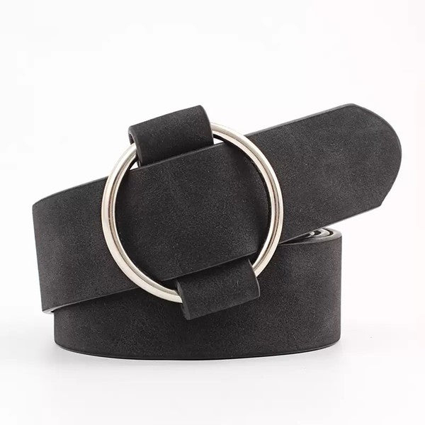 Black vegan leather belt with silver O-ring buckle.