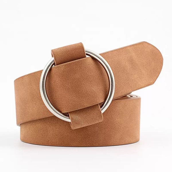 Camel-colored vegan leather belt with silver O-ring buckle.