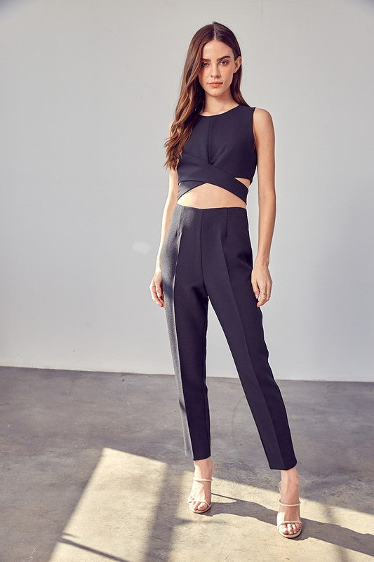 High Waisted Pants in black, ankle length, back zipper closure, and slim fit.