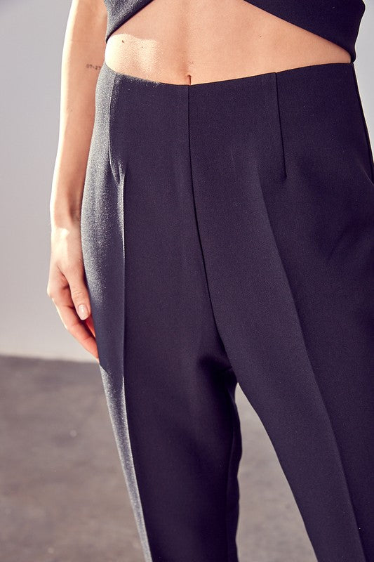 High Waisted Pants in black, ankle length, back zipper closure, and slim fit.