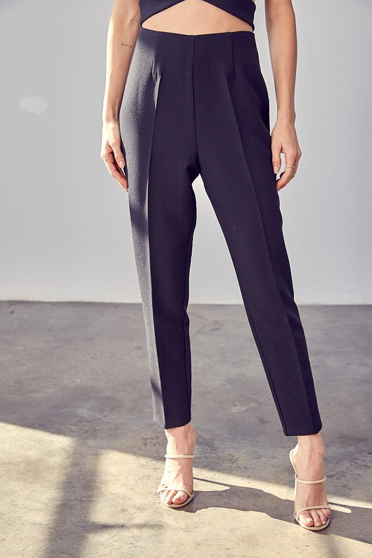 High Waisted Pants in black, ankle length, back zipper closure, and slim fit.