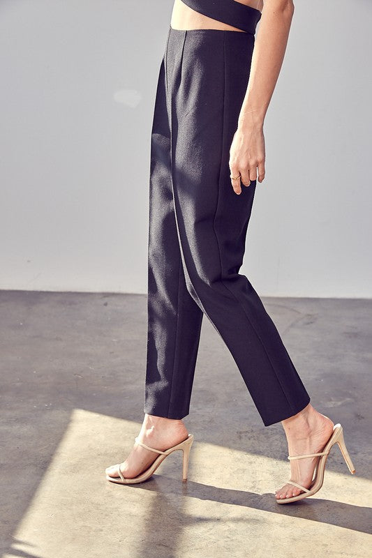 High Waisted Pants in black, ankle length, back zipper closure, and slim fit.