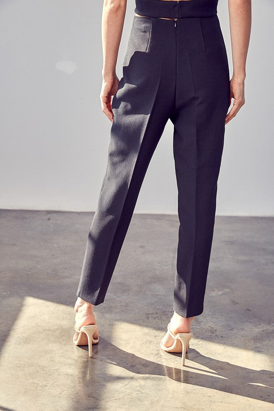 High Waisted Pants in black, ankle length, back zipper closure, and slim fit.