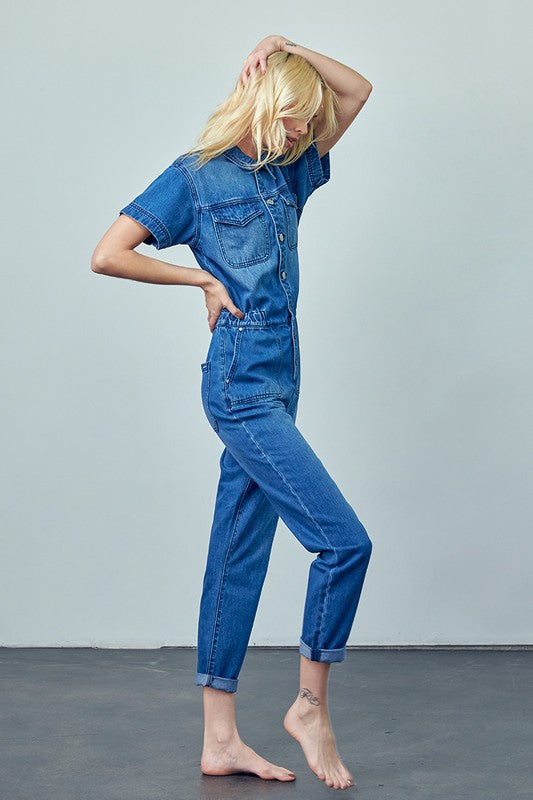 Gianna Collared Button Front Denim Jumpsuit