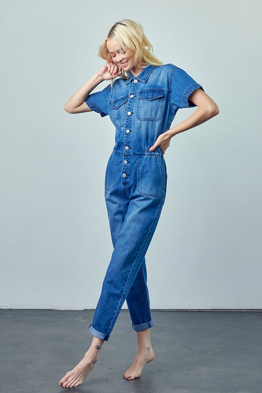 Gianna Collared Button Front Denim Jumpsuit