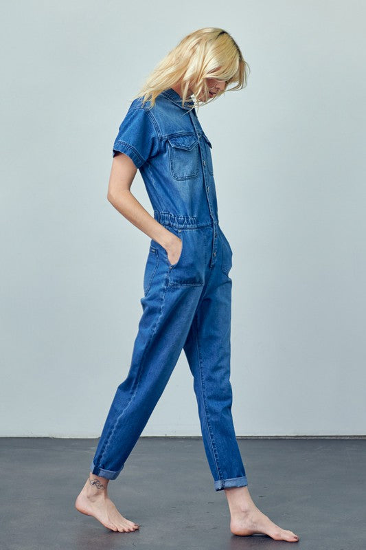 Gianna Collared Button Front Denim Jumpsuit