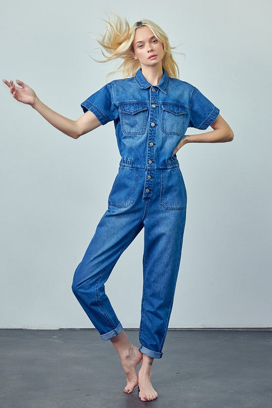 Gianna Collared Button Front Denim Jumpsuit