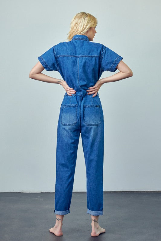 Gianna Collared Button Front Denim Jumpsuit