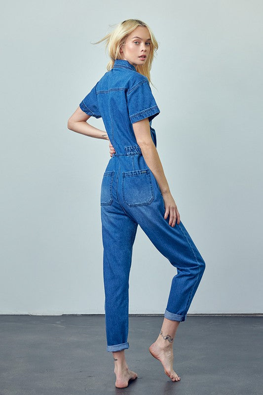 Gianna Collared Button Front Denim Jumpsuit