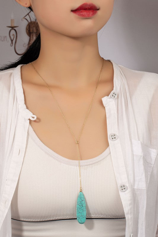 Long Oval Natural Stone Pendant Y Shaped Necklace