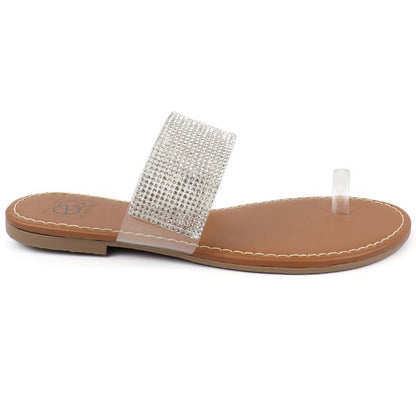 Single Kylie Rhinestone Toe Ring Sandal with clear textured straps and silver rhinestone accents.