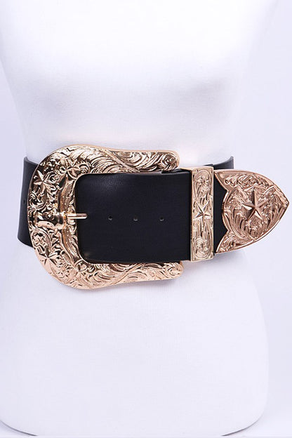 Front view of black plus size belt with gold engraved buckle hardware.