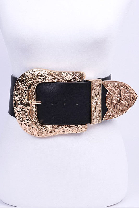 Front view of black plus size belt with gold engraved buckle hardware.