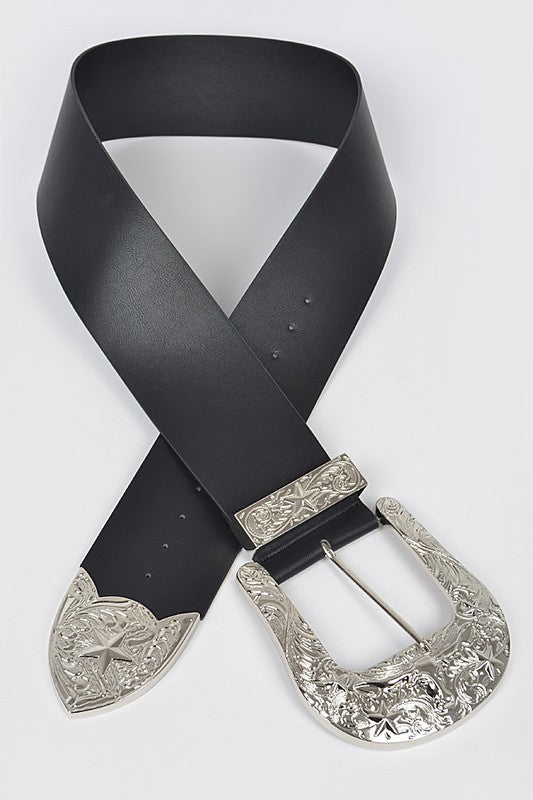 Flat lay of black plus size belt with silver buckle and engraved detail.