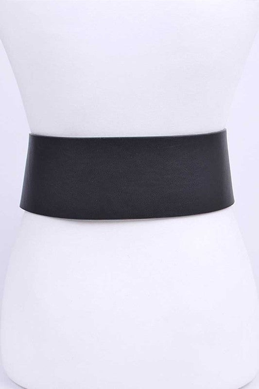 Back view of black plus size oversize statement belt showing wide band.